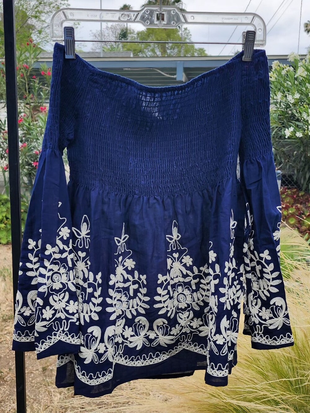 Flying Tomato Navy Off-Shoulder Tunic with White Floral Embroidery